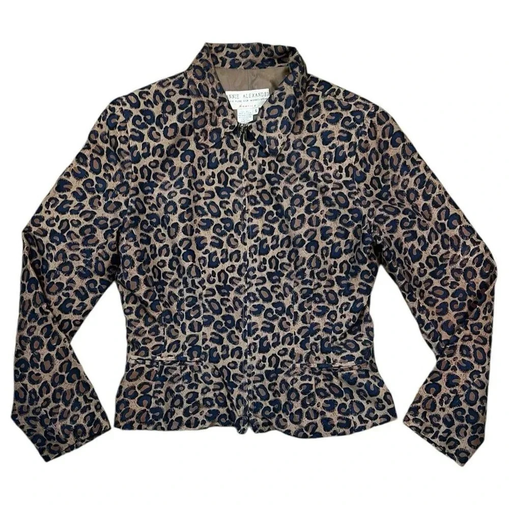 Annie Alexander Silk Leopard Print Zip Up Blazer Brown Navy Size Small
